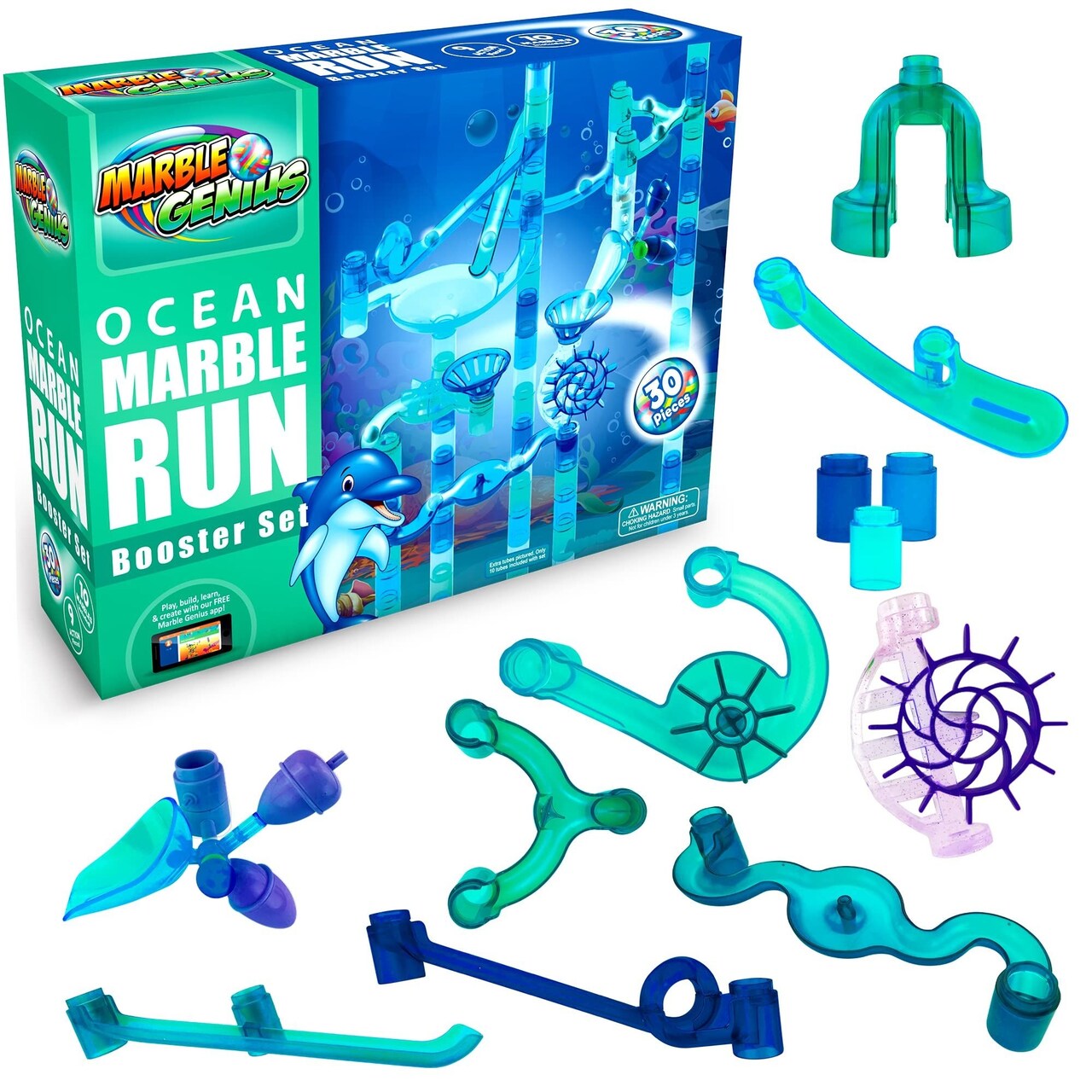 Marble Genius Marble Run Booster Set - 30 Pieces Total (10 Action Pieces Included), Construction Building Blocks Toys for Ages 3 and Above, Add-On Set, Ocean